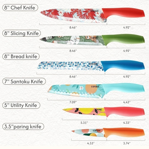 CAROTE Fruit/Floral Design Stainless Steel Kitchen Knife 12 Pc Set - Picture 2 of 8